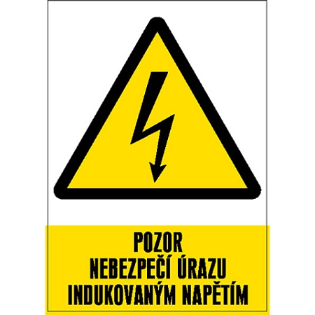 Značka Pozor – Nebezpečí úrazu indukovaným napětím, samolepicí fólie, 210 × 297 mm